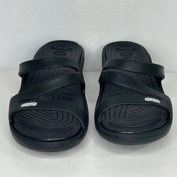 CROCS Black Slip-On Wedge Sandals Strappy Lightweight Sz 10 - Picture 3 of 12